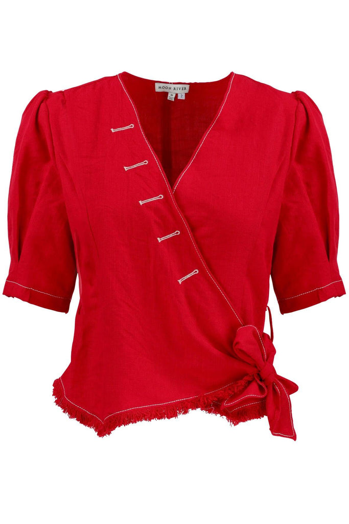 Pleated Sleeve Wrap Top Red - Moon River