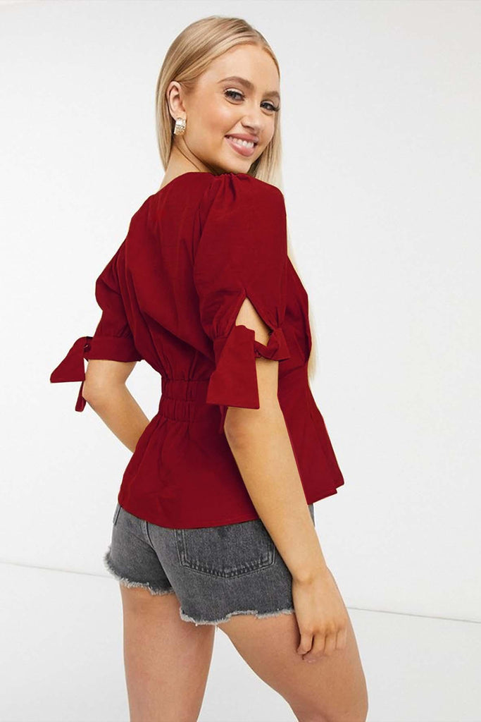 Red Button-Up Blouse With Mid Sleeves - Moon River