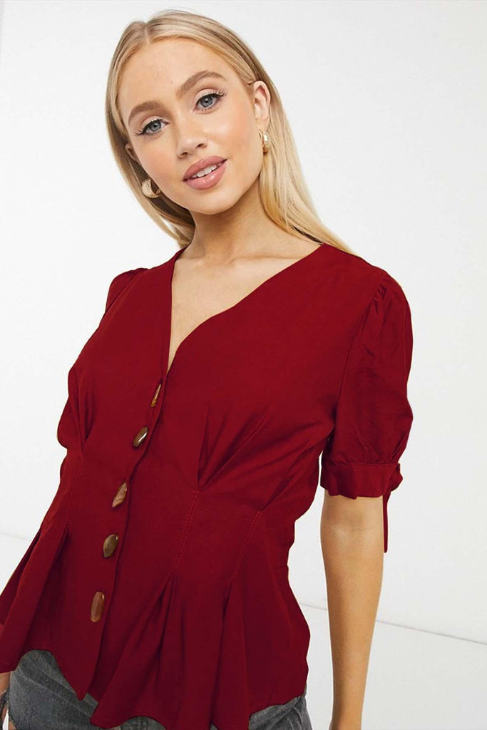 Red Button-Up Blouse With Mid Sleeves - Moon River