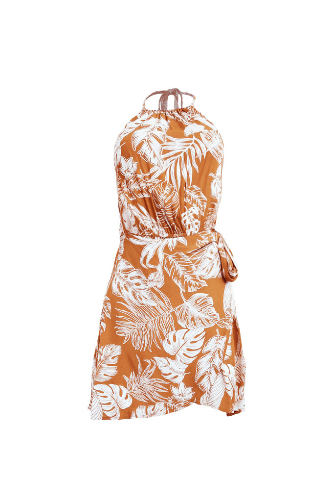 Light Brown Halter Wrap Dress With Tropical Prints - Moon River