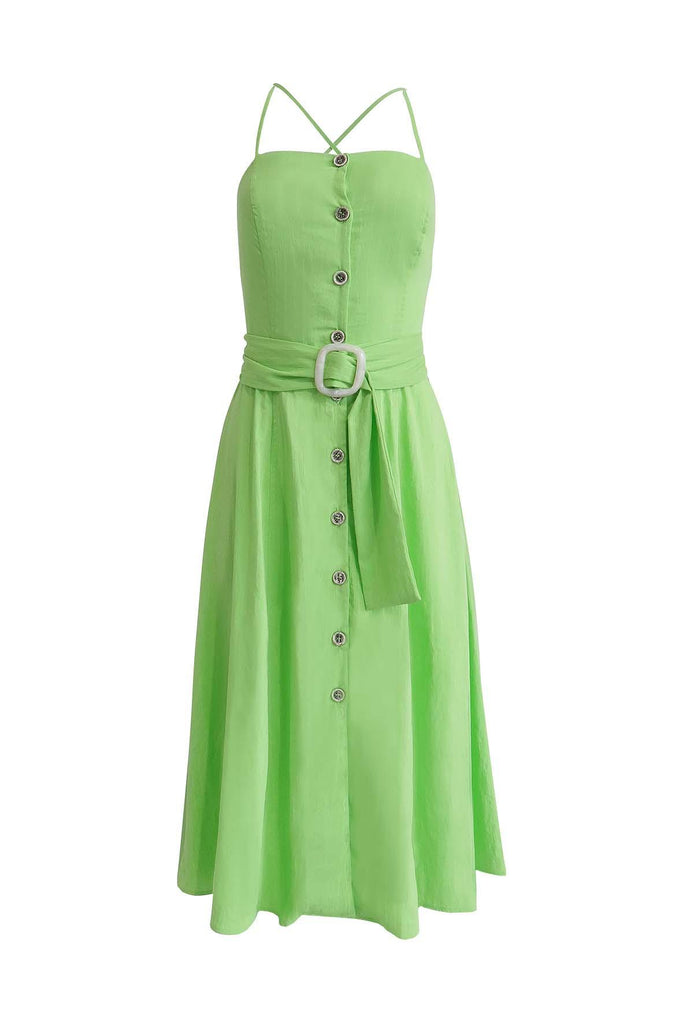 Neon Lime Green Button-Up Dress With Belt - Moon River