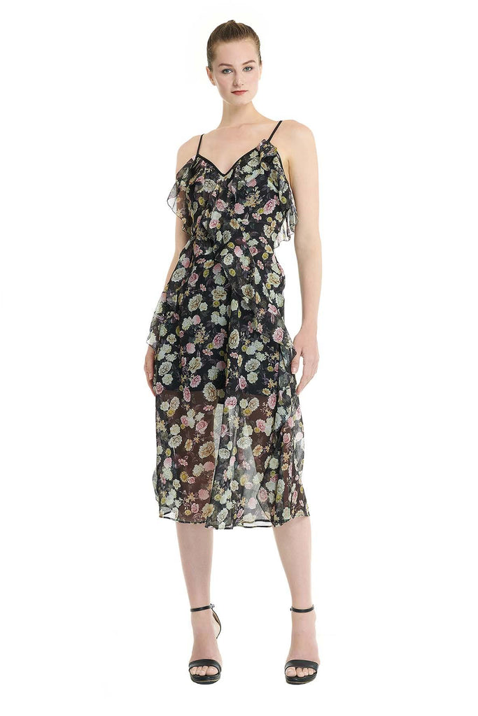 Black Ruffled Maxi Dress With Multicolour Floral Prints - Talulah
