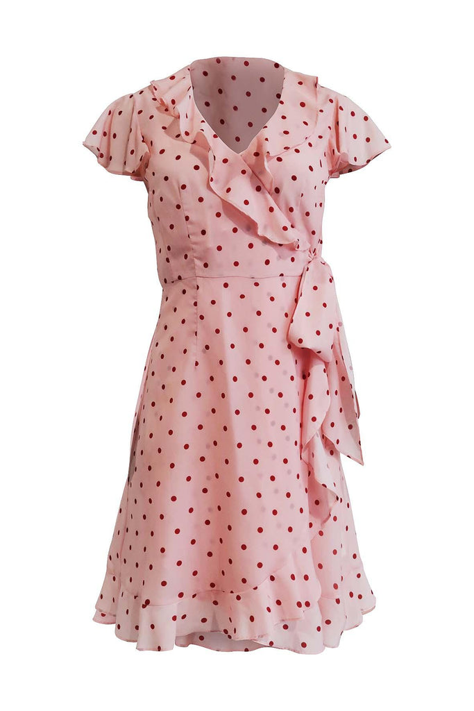 Pink Ruffled Wrap Dress With Maroon Polka Dots - Alannah Hill