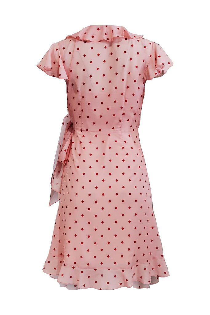 Pink Ruffled Wrap Dress With Maroon Polka Dots - Alannah Hill