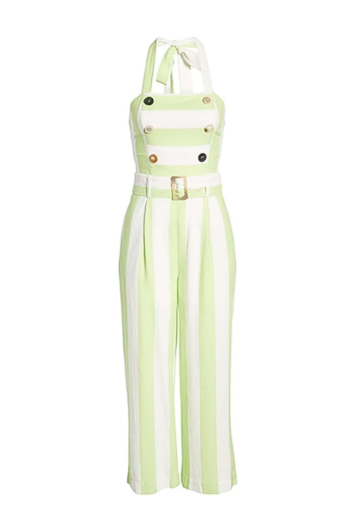 Lime Green Striped Jumpsuit With Belt - Moon River