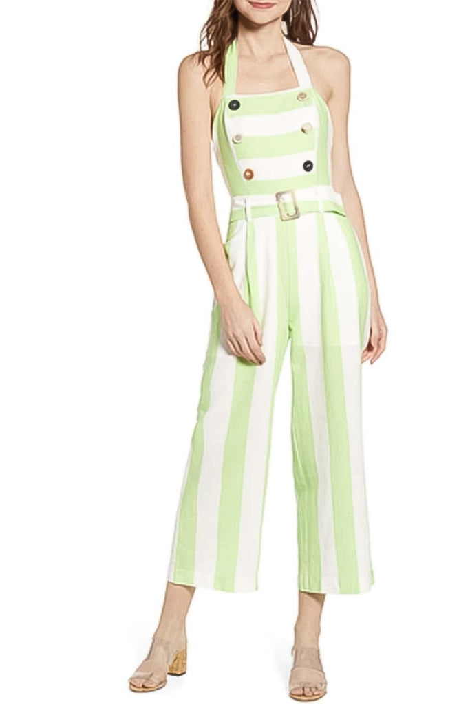 Lime Green Striped Jumpsuit With Belt - Moon River