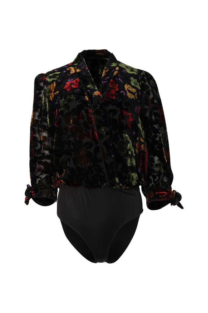 Black Long Sleeve Bodysuit With Multicolour Floral Prints - Moon River