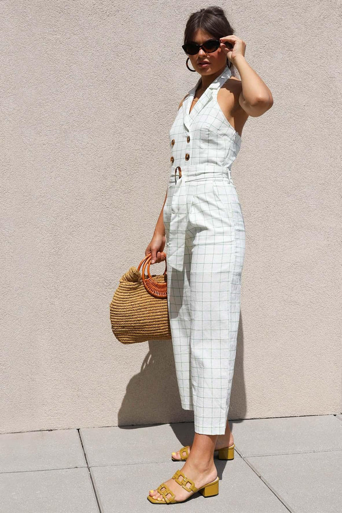 Turquoise & White Checkered One-Shoulder Jumpsuit With Belt - Moon River