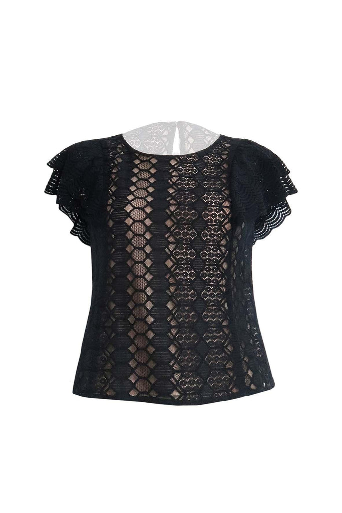 Black Laced Patterned Top With Back Keyhole & Beige Lining - Aijek