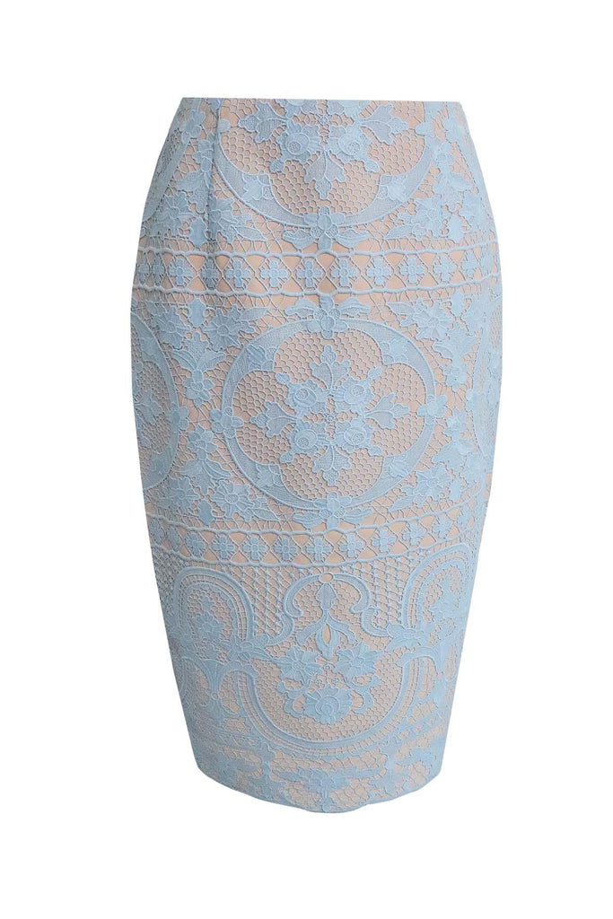 Pastel Blue Laced Skirt With Beige Lining & Back Split - Aijek