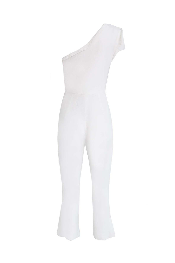 White One-Shoulder Ruffle Neck Jumpsuit - Black Halo