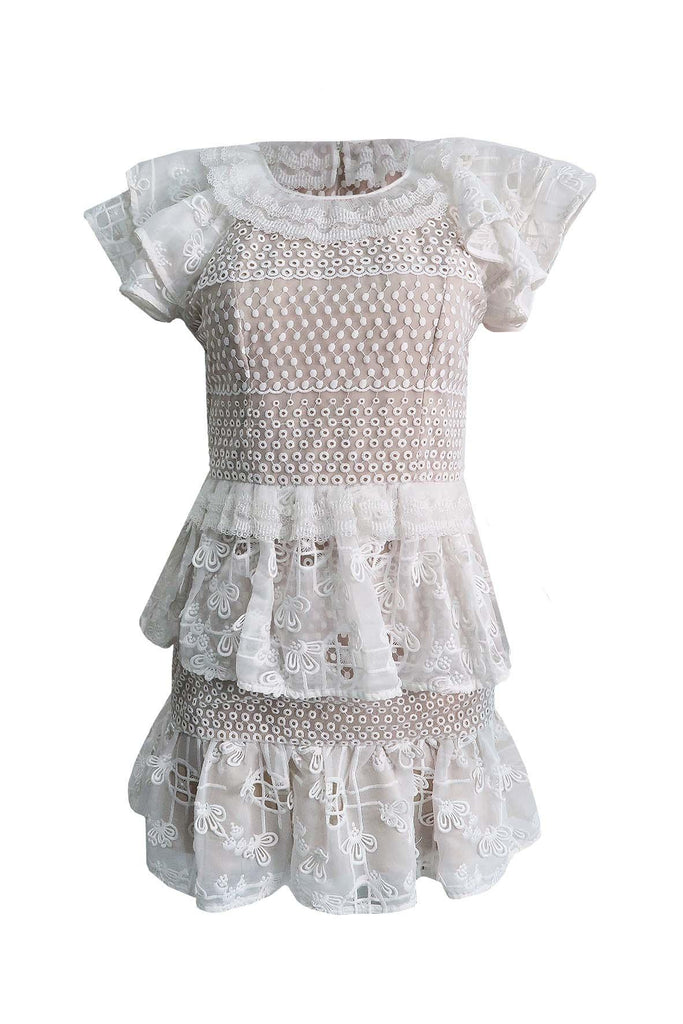 Layered Ruffled White Lace Dress With Beige Lining - Bless'Ed
