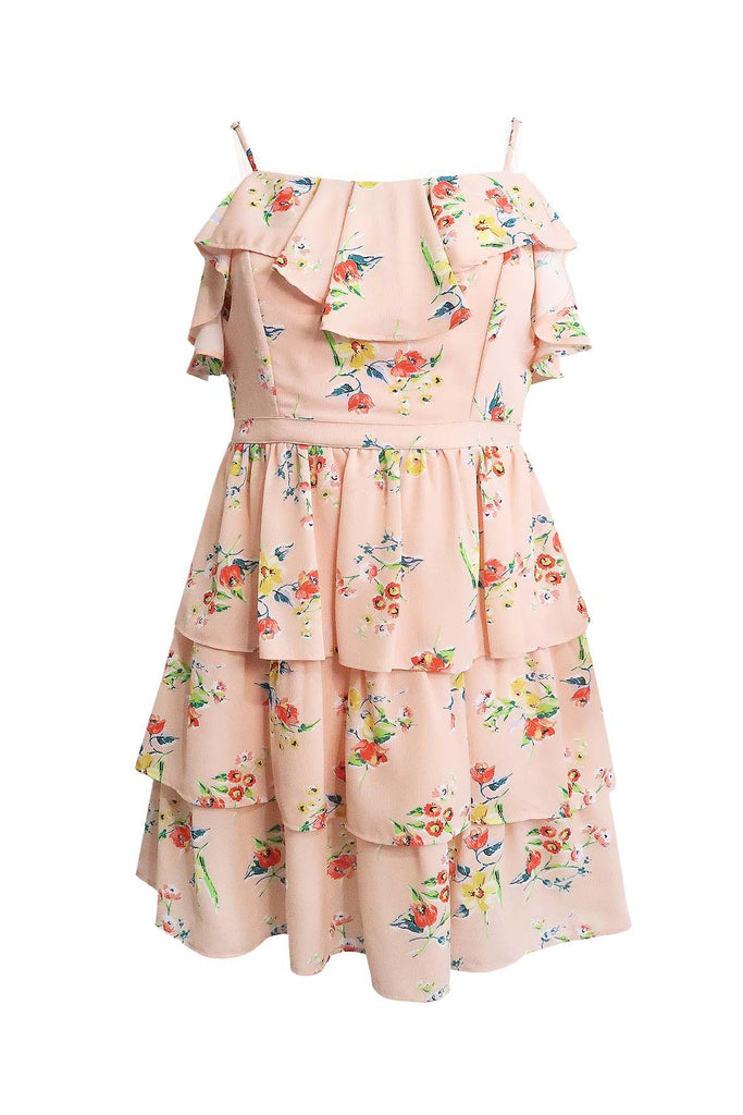 Sleeveless Peach Ruffled Dress With Multicolour Floral Prints - Dra