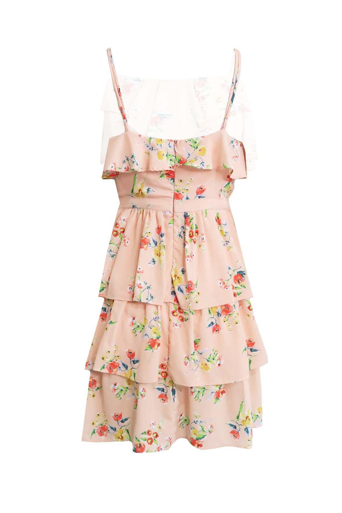 Sleeveless Peach Ruffled Dress With Multicolour Floral Prints - Dra