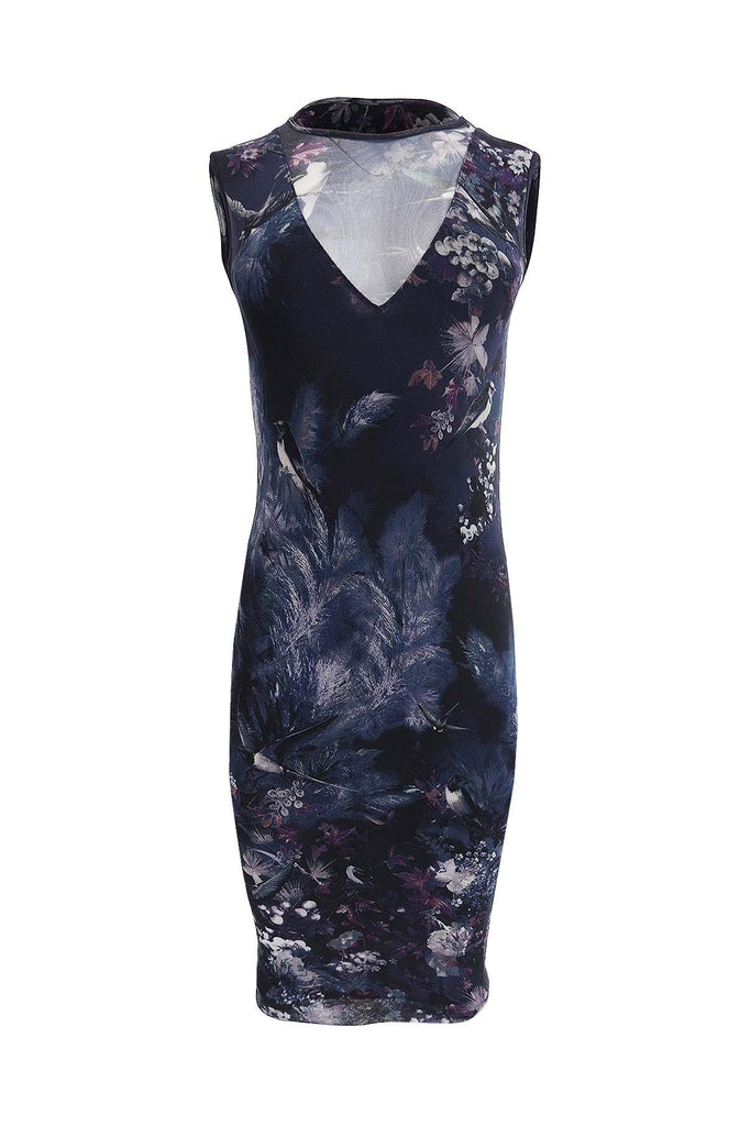 Navy Blue Floral And Fauna Bodycon Dress - Fuzzi