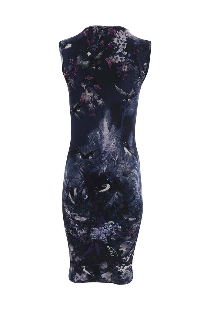Navy Blue Floral And Fauna Bodycon Dress - Fuzzi