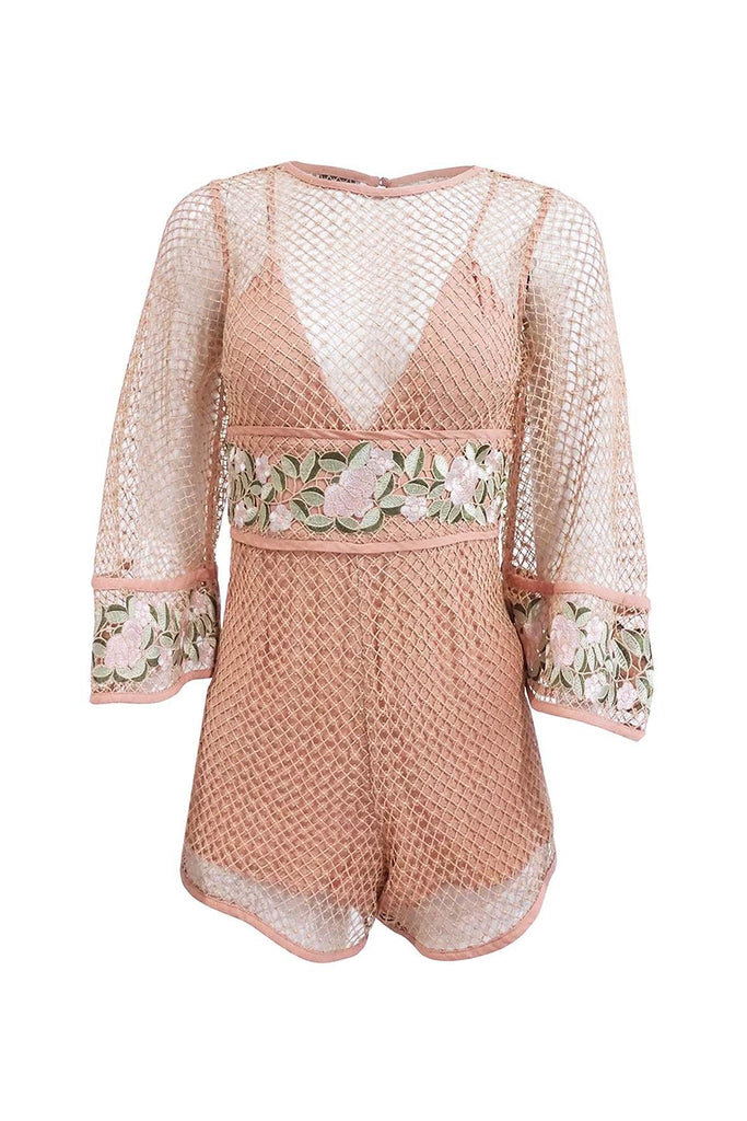 Peach Meshed Romper With Floral Embroidery - Alice Mccall