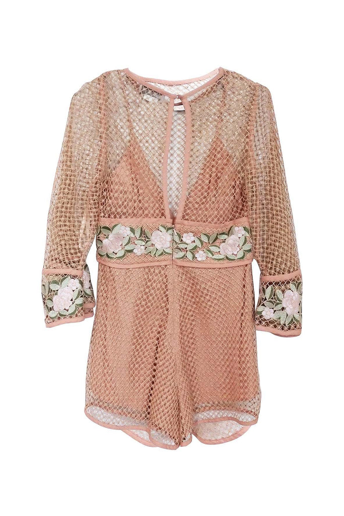 Peach Meshed Romper With Floral Embroidery - Alice Mccall
