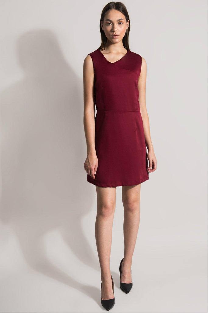 Asymmetric Collar Burgundy Dress - Odile