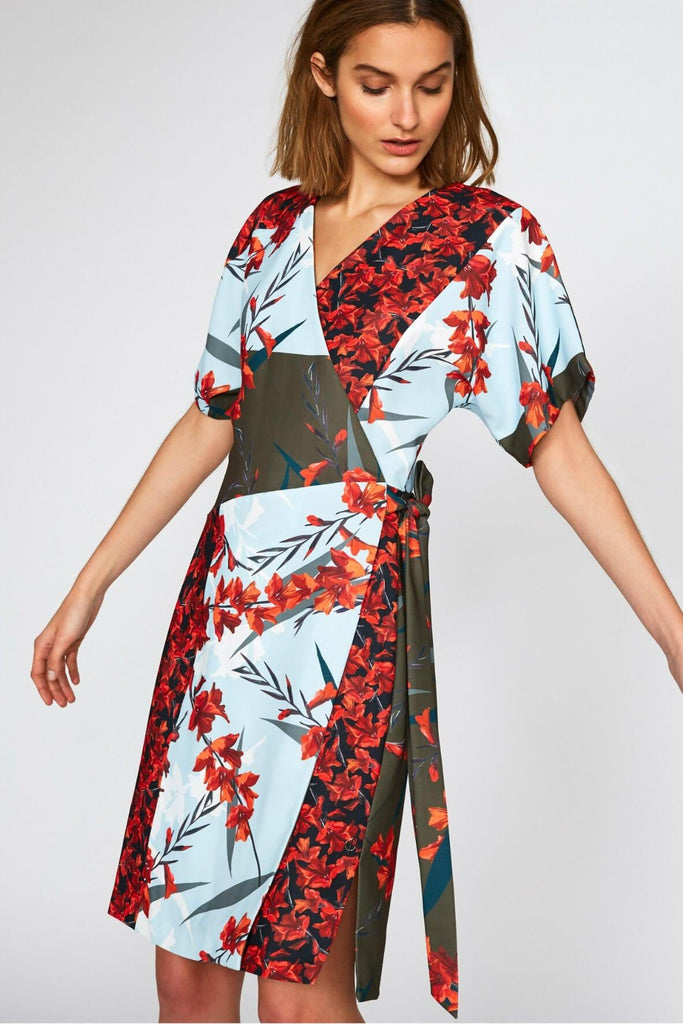 Oriental Blossom Print Wrap Dress - Outline