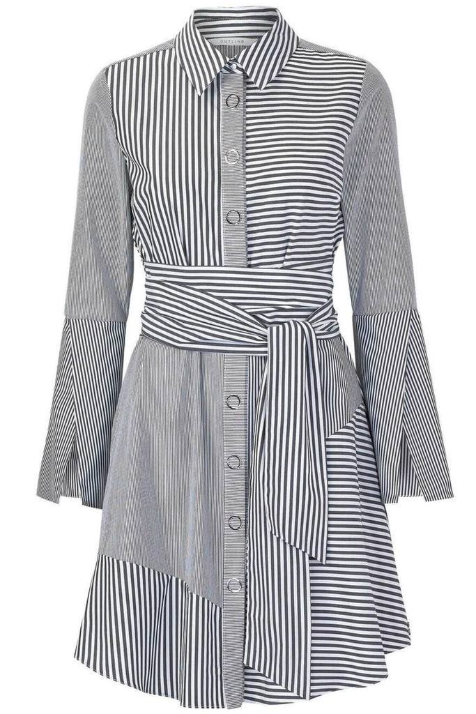 Striped Shirt Dress with Fluted Sleeves - Outline