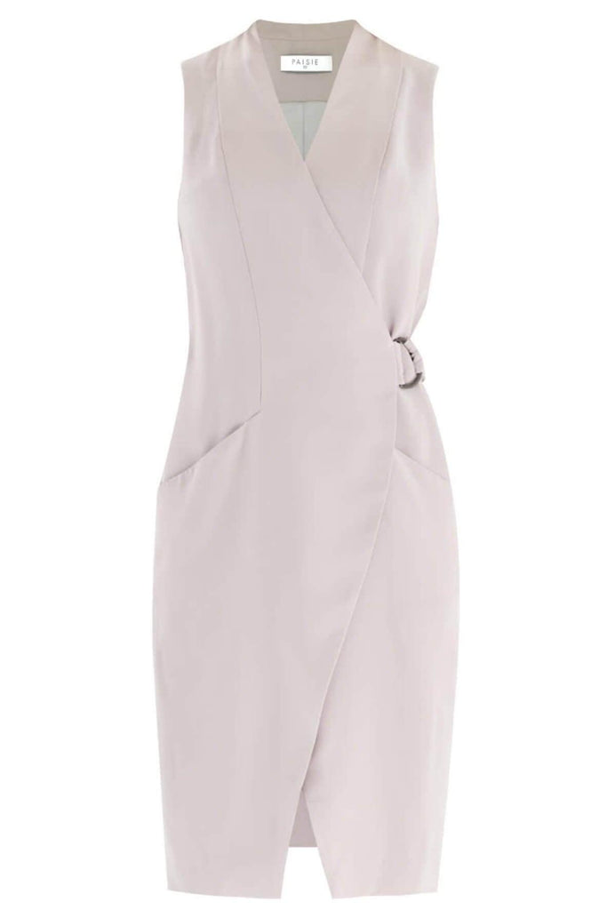 Collarless Tuxedo Wrap Dress with Side Belt - Paisie