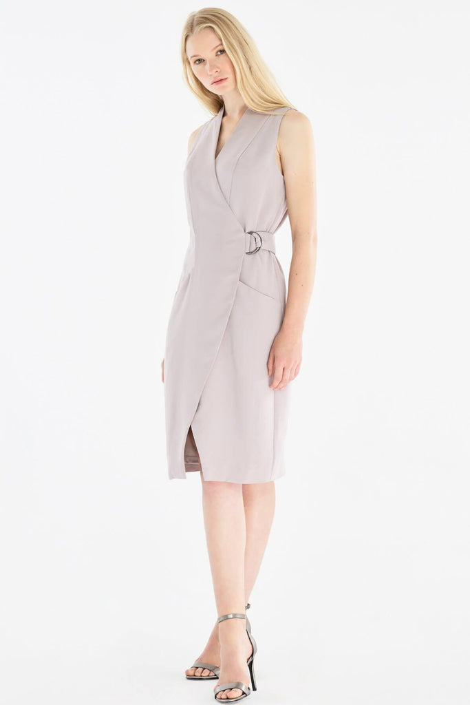 Collarless Tuxedo Wrap Dress with Side Belt - Paisie