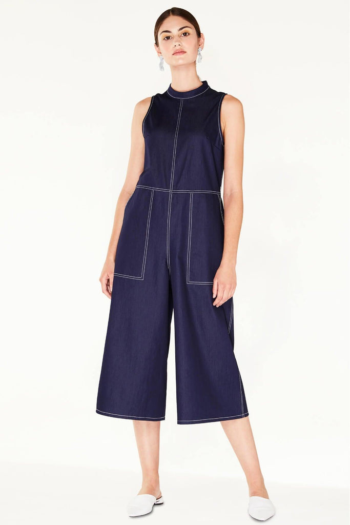 Cropped Denim Jumpsuit with Stand Up Collar - Paisie