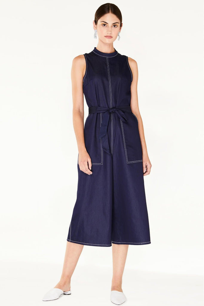 Cropped Denim Jumpsuit with Stand Up Collar - Paisie