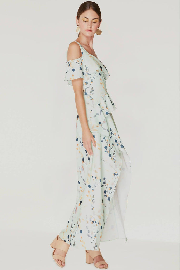 One Shoulder Floral Dress with Waist Frills - Paisie