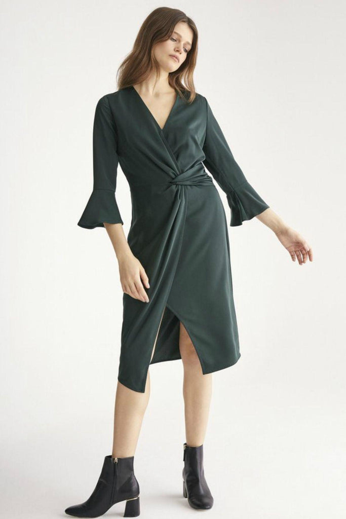 Satin Dress with Twisted Waist and Flared Cuffs Green - Paisie