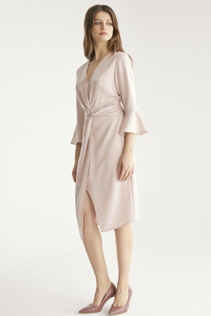 Satin Dress with Twisted Waist and Flared Cuffs Pink - Paisie