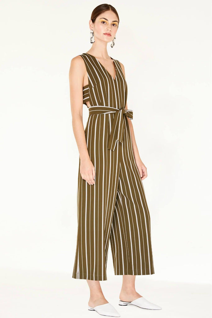Striped Jumpsuit with Side Cut Outs Green with Belt - Paisie