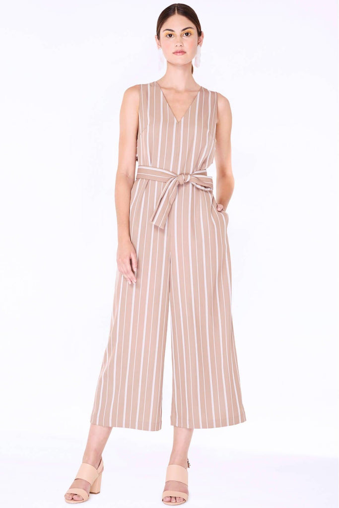 Striped Jumpsuit with Side Cut-out Pink with Belt - Paisie