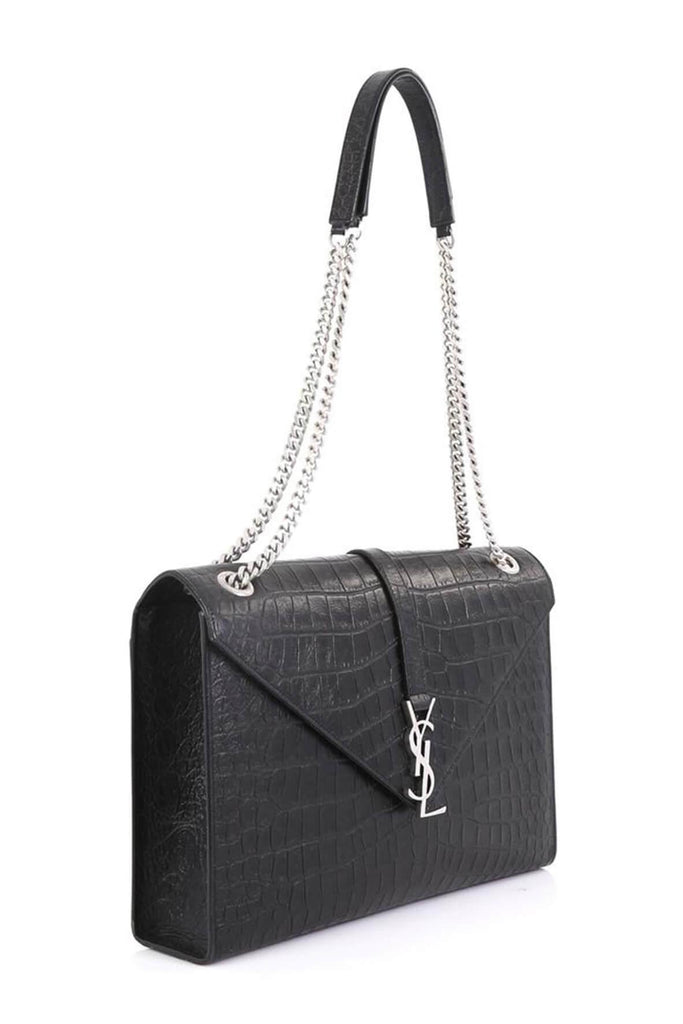 Large Monogram Envelope Bag Crocodile Embossed Black with Silver Hardware - Saint Laurent