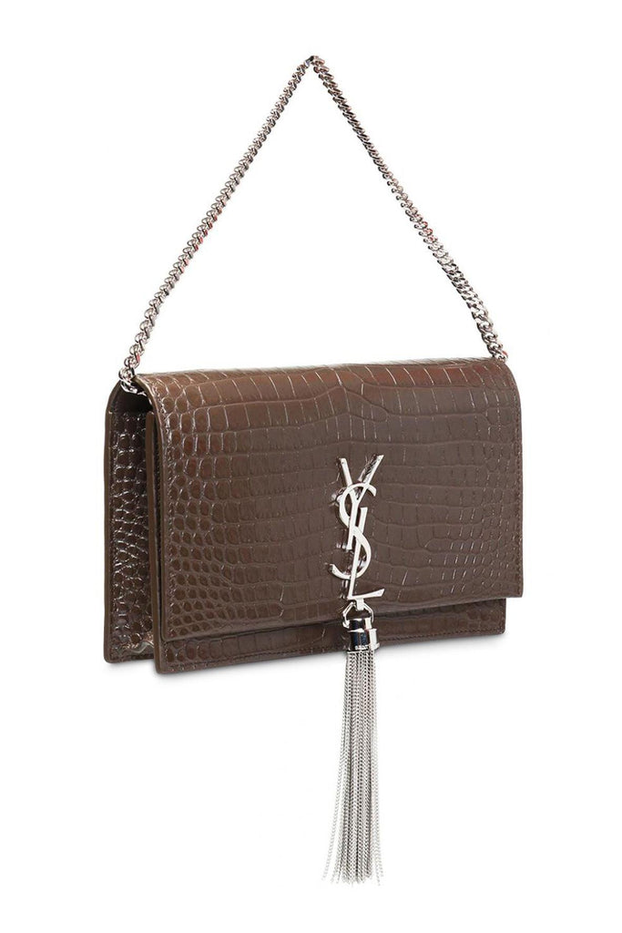Monogram Small Kate with Tassel Crocodile Embossed Brown with Silver Hardware - Saint Laurent