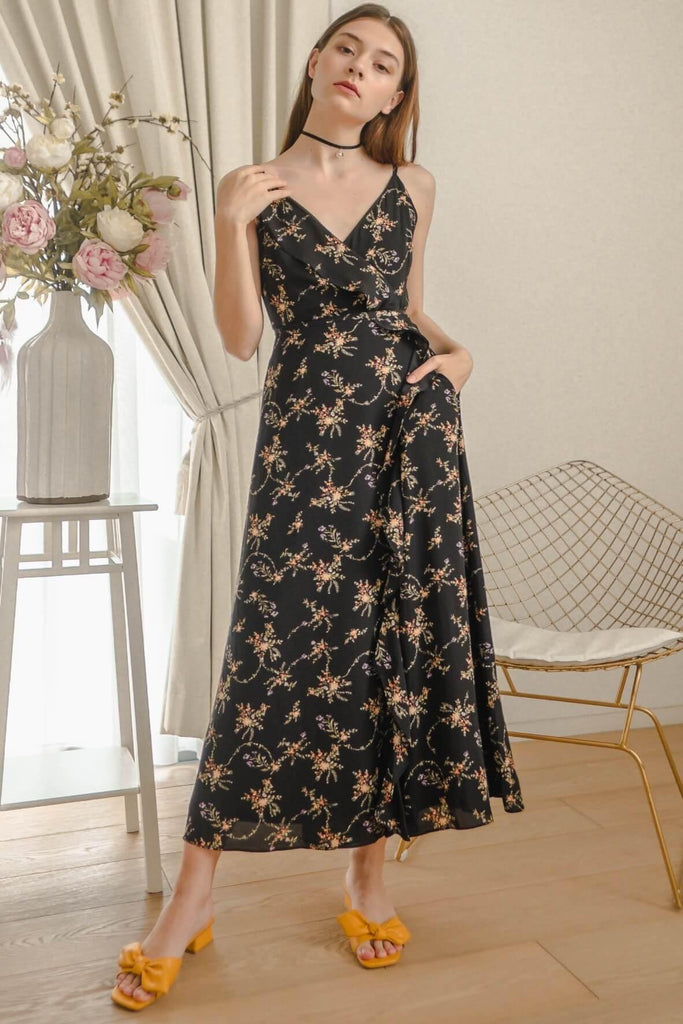 Billow Floral Black Wrap Maxi Dress - The Allegro Movement