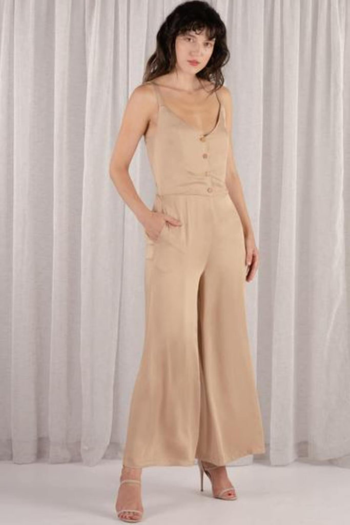 Amber Front Button Overall Jumpsuit in Latte - The Rushing Hour