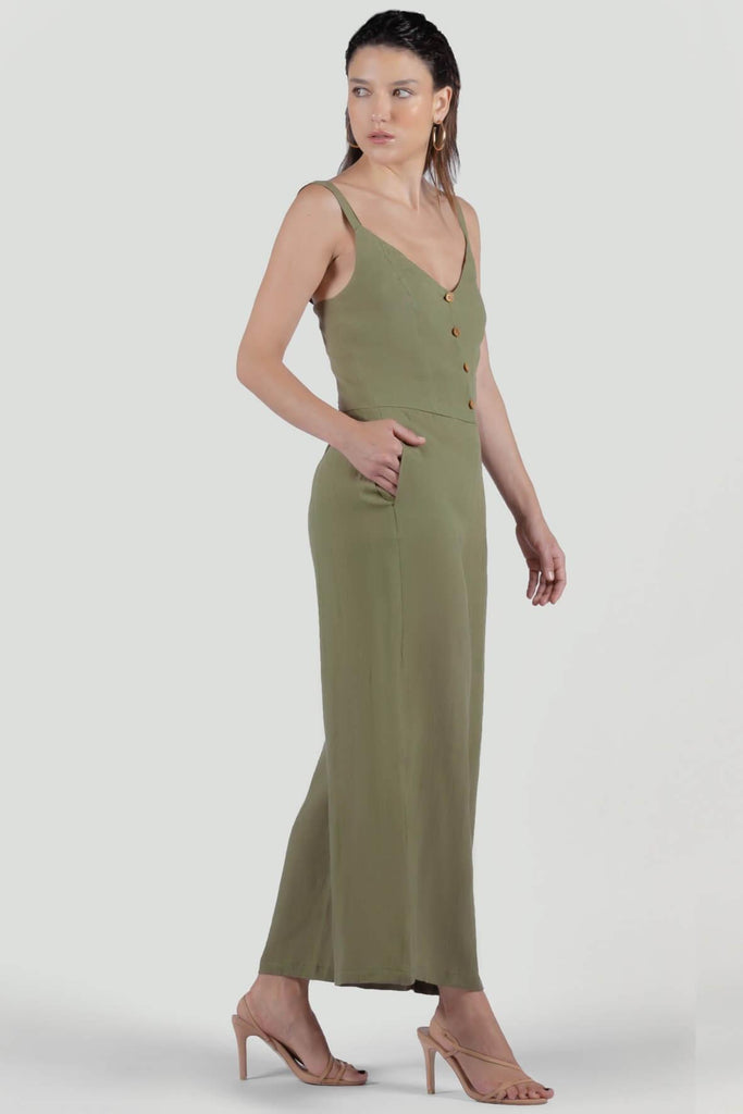 Amber Front Button Overall Jumpsuit in Khaki - The Rushing Hour