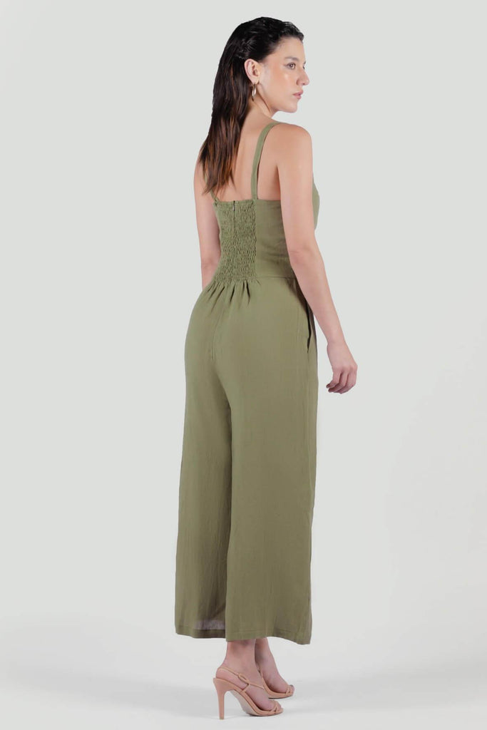 Amber Front Button Overall Jumpsuit in Khaki - The Rushing Hour