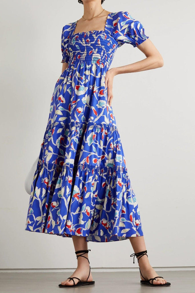Shirred Floral-Print Cotton-Blend Maxi Dress - Tory Burch