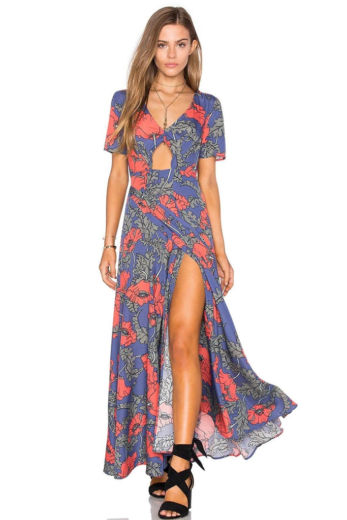 Blue Maxi Wrap Dress With Large Floral Prints - Tularosa