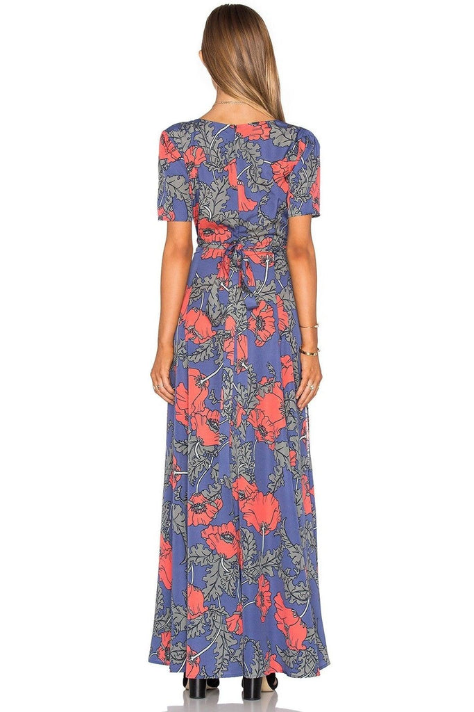 Blue Maxi Wrap Dress With Large Floral Prints - Tularosa