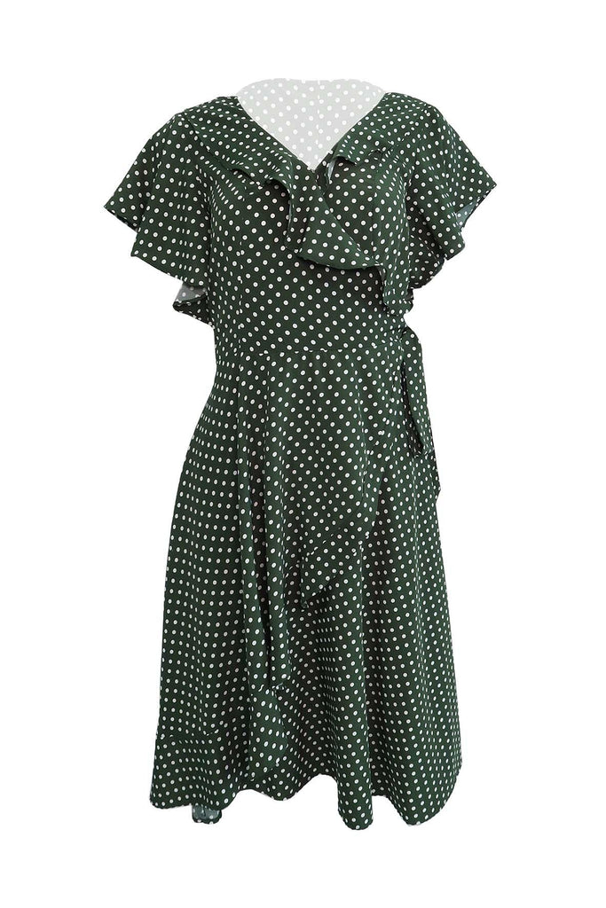 Retro Green & White Ruffle Wrap Dress - Unique Vintage
