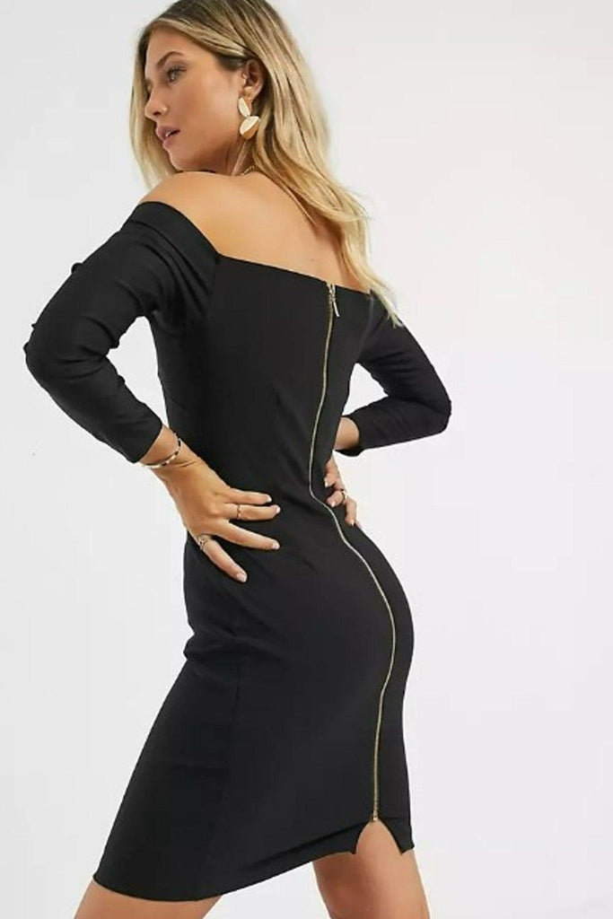 Off-shoulder Long sleeves Black Mini Dress With Heart-neckline - Vesper