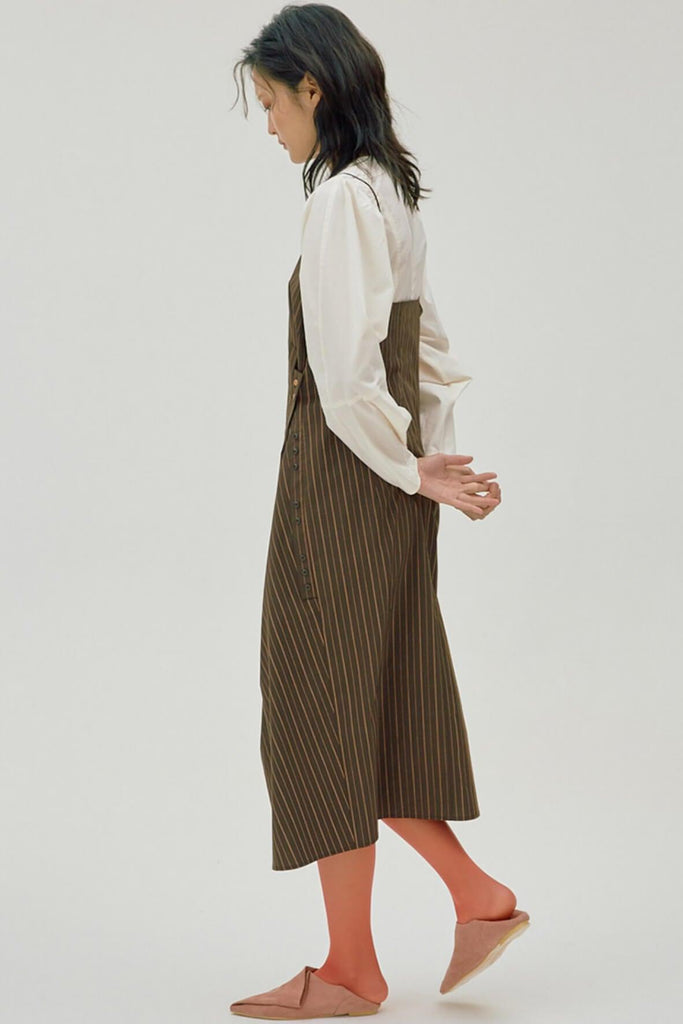 Button Stripe Dress Brown - Wnderkammer