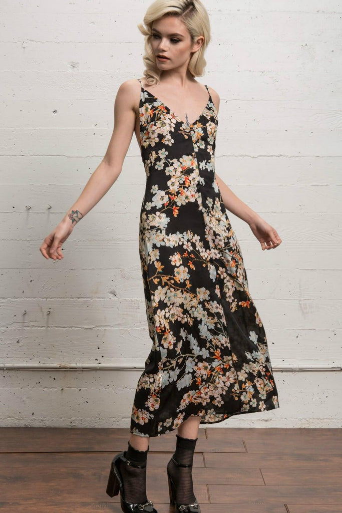 Magic Flower Printed Midi Slip Dress with Low V Back - Wyldr