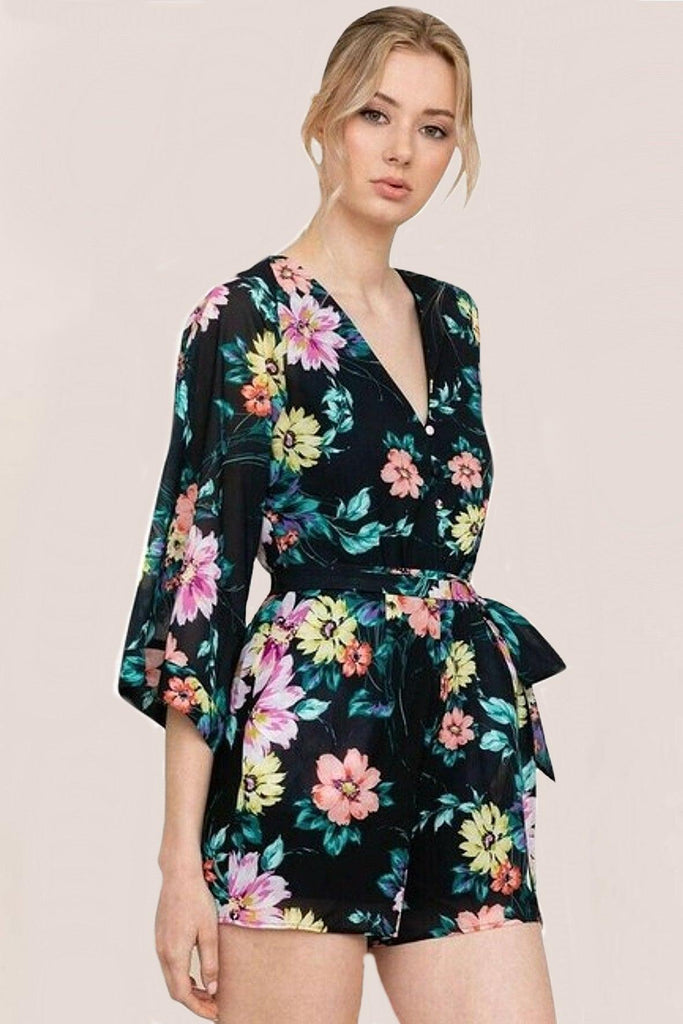 Black Romper With Multiclour Floral Prints And Belt - Yumi Kim