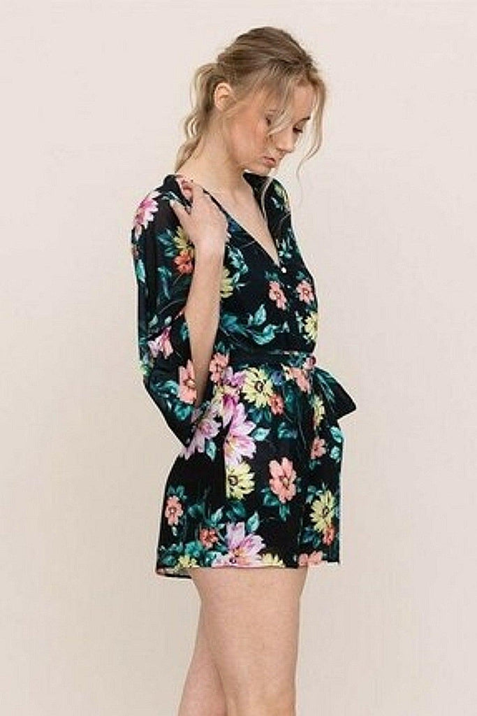 Black Romper With Multiclour Floral Prints And Belt - Yumi Kim